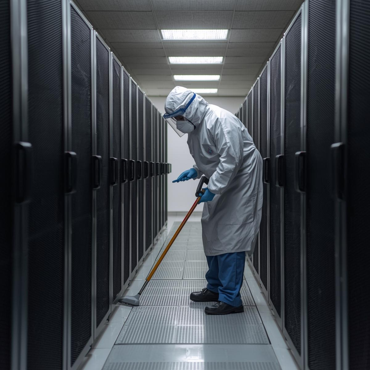 Technician performing data center cleaning